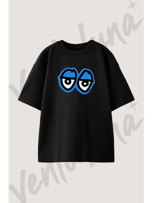 Grafiti Gozler Tasarım Baskılı Unisex Oversize Kalıp Siyah Tshirt