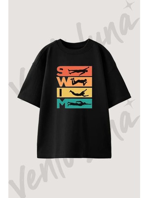 Swimming Silhouette Tasarım Baskılı Unisex Oversize Kalıp Siyah Tshirt