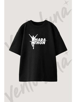 Marathon Runner Tasarım Baskılı Unisex Oversize Kalıp Siyah Tshirt