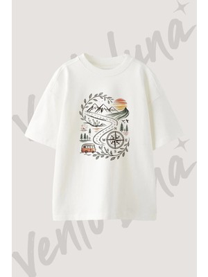 Road Trip Tasarım Baskılı Unisex Oversize Kalıp Beyaz Tshirt
