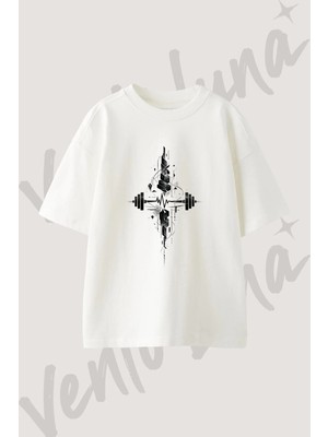 Barbell Heartbeat Geometric Tasarım Baskılı Unisex Oversize Kalıp Beyaz Tshirt