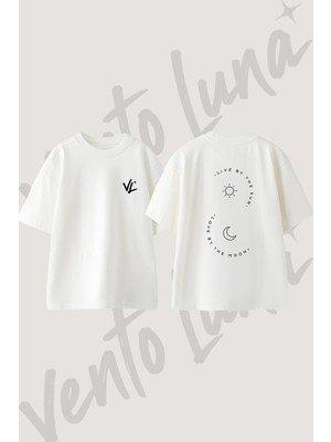 Sun Moon_1 Tasarım Sırt Baskılı Pamuk Beyaz Oversize T-Shirt