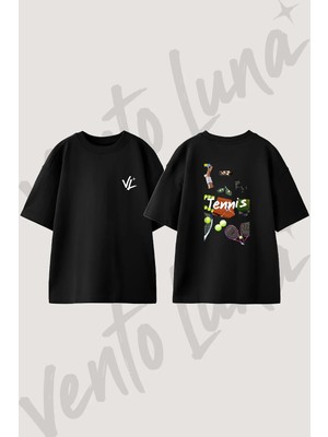Tenis Tasarım Sırt Baskılı Pamuk Siyah Oversize T-Shirt