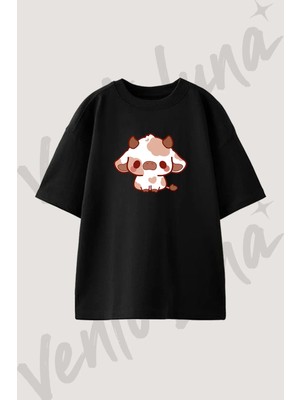 Kawaii Cow Tasarım Baskılı Unisex Oversize Kalıp Siyah Tshirt