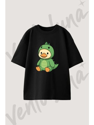 Dinosaur Duck Tasarım Baskılı Unisex Oversize Kalıp Siyah Tshirt