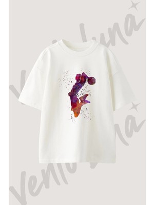 Suluboya Basketbol Tasarım Baskılı Unisex Oversize Kalıp Beyaz Tshirt