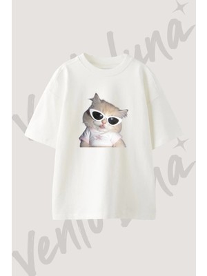 Sunglasses Cat Tasarım Baskılı Unisex Oversize Kalıp Beyaz Tshirt