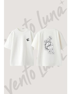 Yin Yang Sakura Tasarım Sırt Baskılı Pamuk Beyaz Oversize T-Shirt