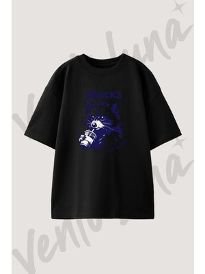 Raccoon Drink Tasarım Baskılı Unisex Oversize Kalıp Siyah Tshirt
