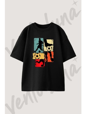 Retro Futbolcu_1 Tasarım Baskılı Unisex Oversize Kalıp Siyah Tshirt