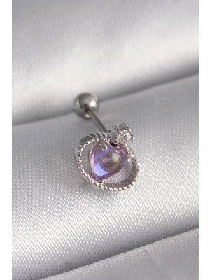 Aydogan's Ayd 316L Çelik Gümüş Renk Mor Mineli Kalp Zirkon Taş Detay Tragus Piercing - TJ-PR1273