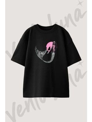Retro Mermaid Tasarım Baskılı Unisex Oversize Kalıp Siyah Tshirt