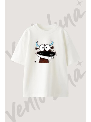 Cizgi Boga Tasarım Baskılı Unisex Oversize Kalıp Beyaz Tshirt