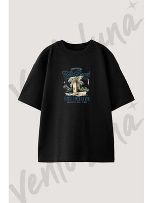 Surf Beach Tasarım Baskılı Unisex Oversize Kalıp Siyah Tshirt