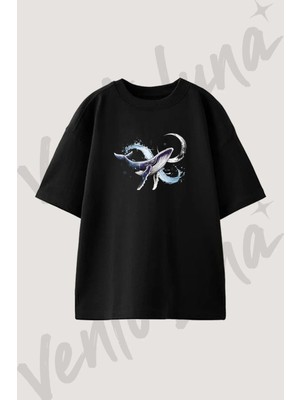Galaksi Balina Tasarım Baskılı Unisex Oversize Kalıp Siyah Tshirt