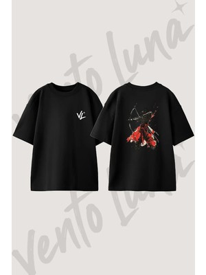 Samuray Okcu Tasarım Sırt Baskılı Pamuk Siyah Oversize T-Shirt