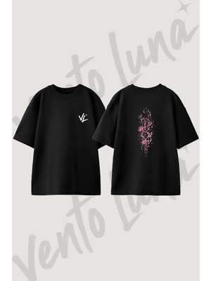 Kitsune Torii Lily Tasarım Sırt Baskılı Pamuk Siyah Oversize T-Shirt