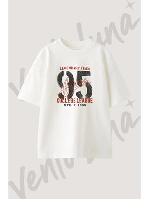 Varsity College Tasarım Baskılı Unisex Oversize Kalıp Beyaz Tshirt