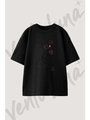 Grunge Smiley Tasarım Baskılı Unisex Oversize Kalıp Siyah Tshirt