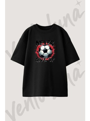 Futbol Topu Tasarım Baskılı Unisex Oversize Kalıp Siyah Tshirt