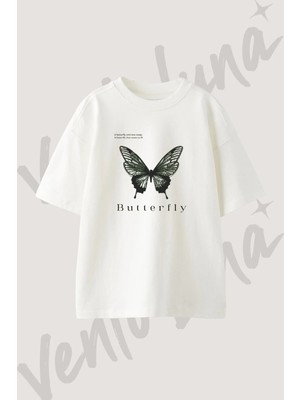 Butterfly Illustration Tasarım Baskılı Unisex Oversize Kalıp Beyaz Tshirt