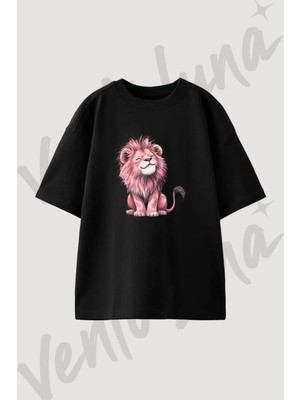 Pink Lion Tasarım Baskılı Unisex Oversize Kalıp Siyah Tshirt