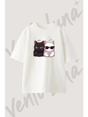 Gozluklu Kedi Tasarım Baskılı Unisex Oversize Kalıp Beyaz Tshirt