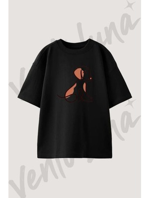 Line Art Dog Tasarım Baskılı Unisex Oversize Kalıp Siyah Tshirt