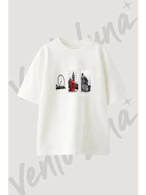 London Tasarım Baskılı Unisex Oversize Kalıp Beyaz Tshirt