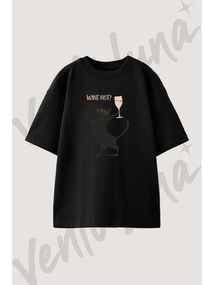 Kedi Sarap_2 Tasarım Baskılı Unisex Oversize Kalıp Siyah Tshirt