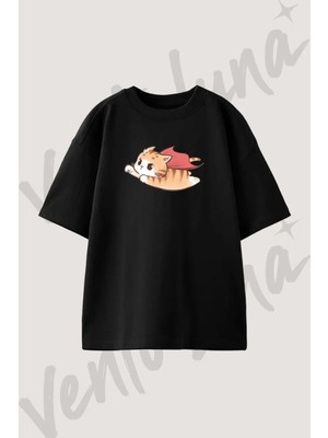 Super Kedi_1 Tasarım Baskılı Unisex Oversize Kalıp Siyah Tshirt