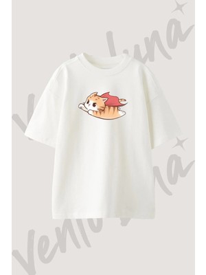 Super Kedi_1 Tasarım Baskılı Unisex Oversize Kalıp Beyaz Tshirt