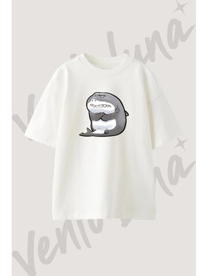 Cartoon Grumpy Shark Tasarım Baskılı Unisex Oversize Kalıp Beyaz Tshirt