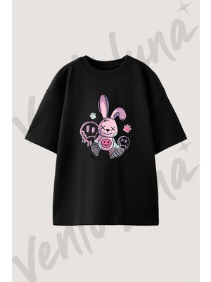 Pink x Rabbit Tasarım Baskılı Unisex Oversize Kalıp Siyah Tshirt