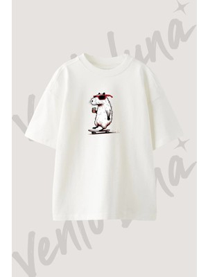Capybara Skateboard Tasarım Baskılı Unisex Oversize Kalıp Beyaz Tshirt