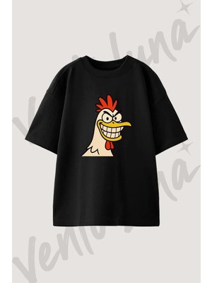 Evil Chicken Tasarım Baskılı Unisex Oversize Kalıp Siyah Tshirt