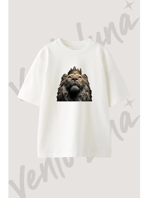 Lion Crown Tasarım Baskılı Unisex Oversize Kalıp Beyaz Tshirt