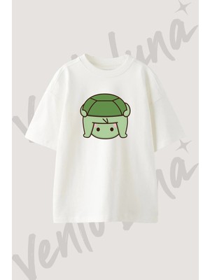 Cute Turtle_1 Tasarım Baskılı Unisex Oversize Kalıp Beyaz Tshirt