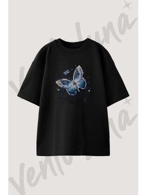 Watercolor Butterfly Tasarım Baskılı Unisex Oversize Kalıp Siyah Tshirt