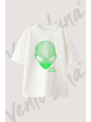 Wireframe Alien Tasarım Baskılı Unisex Oversize Kalıp Beyaz Tshirt