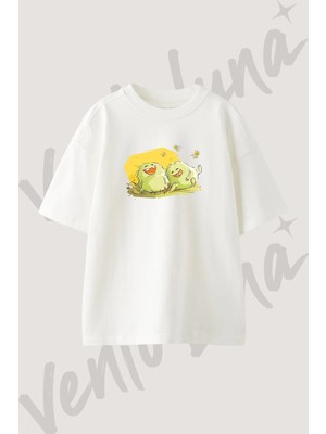 Cartoon Monsters Tasarım Baskılı Unisex Oversize Kalıp Beyaz Tshirt