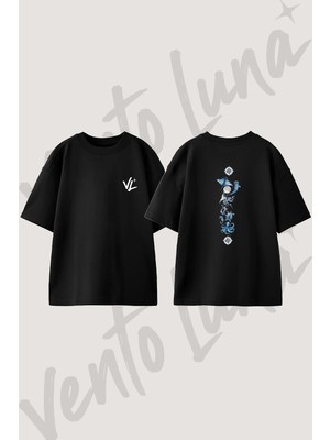 Suluboya Deniz Hayvanlari Tasarım Sırt Baskılı Pamuk Siyah Oversize T-Shirt