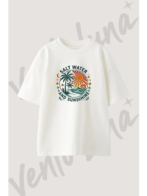 Deniz Gunes Tasarım Baskılı Unisex Oversize Kalıp Beyaz Tshirt