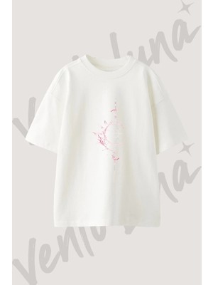 Dikenli Fraktal Tasarım Baskılı Unisex Oversize Kalıp Beyaz Tshirt