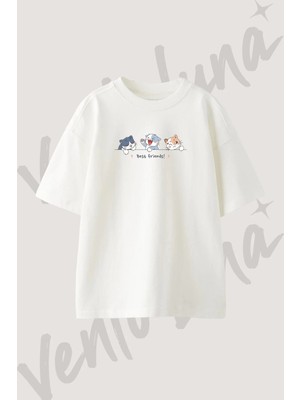 Cat Friends Tasarım Baskılı Unisex Oversize Kalıp Beyaz Tshirt