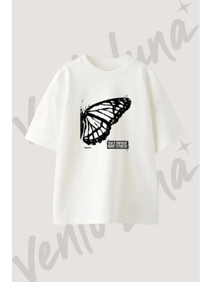Butterfly Wing Tasarım Baskılı Unisex Oversize Kalıp Beyaz Tshirt