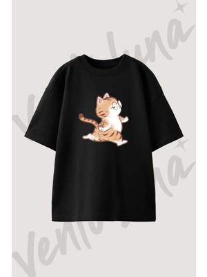 Cartoon Cat Glasses Tasarım Baskılı Unisex Oversize Kalıp Siyah Tshirt