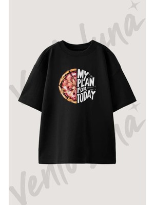 Pizza Plan Tasarım Baskılı Unisex Oversize Kalıp Siyah Tshirt