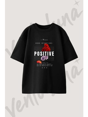 Gul Kelebek Tasarım Baskılı Unisex Oversize Kalıp Siyah Tshirt