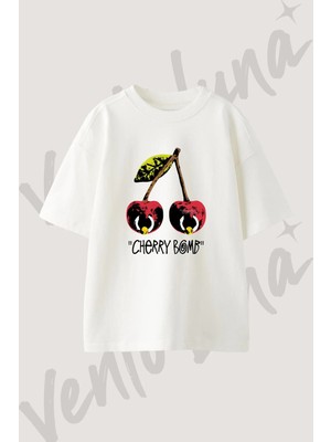 Cherry Bomb Tasarım Baskılı Unisex Oversize Kalıp Beyaz Tshirt